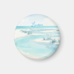 Imã nome ondas de praia aquarela azul pastel editável