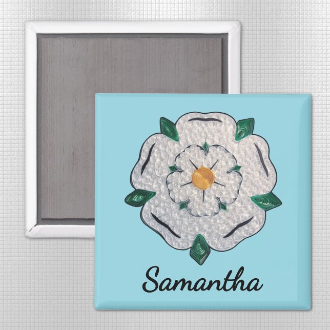 Imã Nome, Papel Quilled Yorkshire White Rose 2 em Azul (Criador carregado)