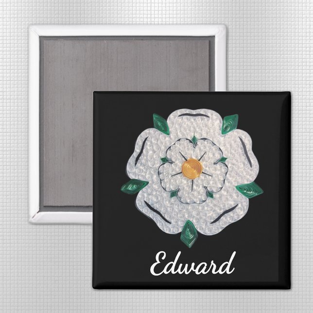 Imã Nome, Papel Quilled Yorkshire White Rose 2-in (Criador carregado)