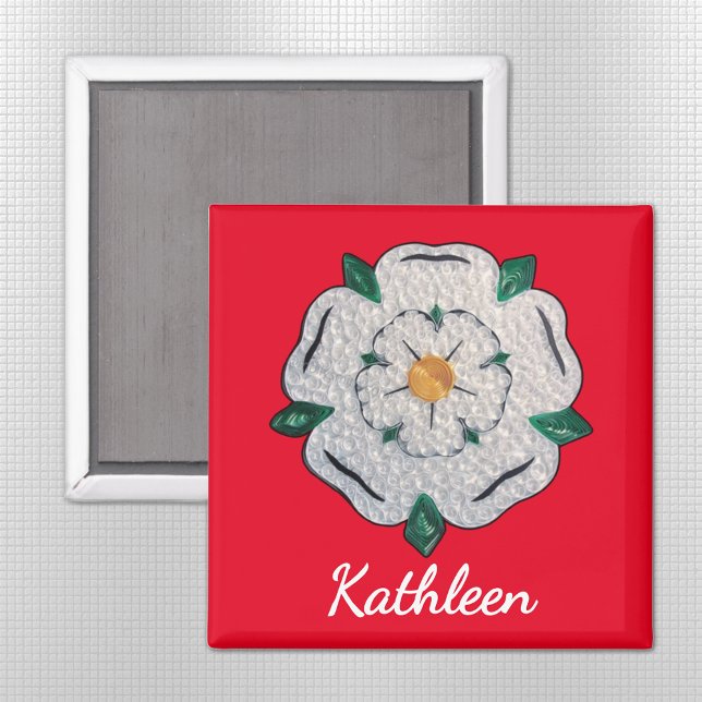 Imã Nome, Papel Quilled Yorkshire White Rose 2-in (Criador carregado)