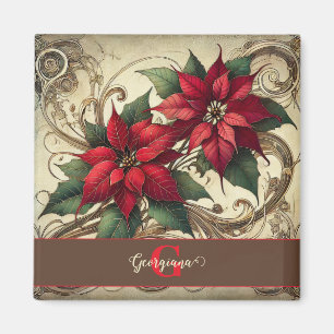 Imã Nome Personalizado Art Nouveau Poinsettia de Natal