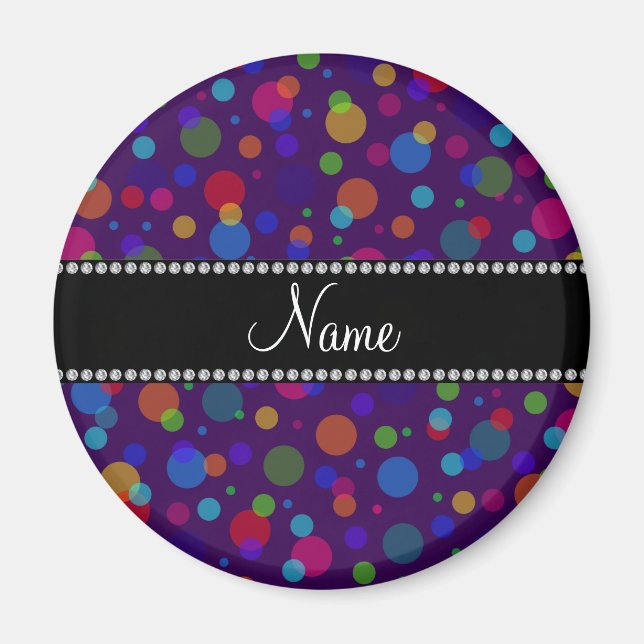 Imã Nome personalizado bolinhas arco-íris roxas (Frente)