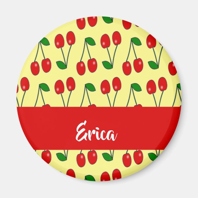Imã Nome personalizado cerejas vermelhas em amarelo (Frente)