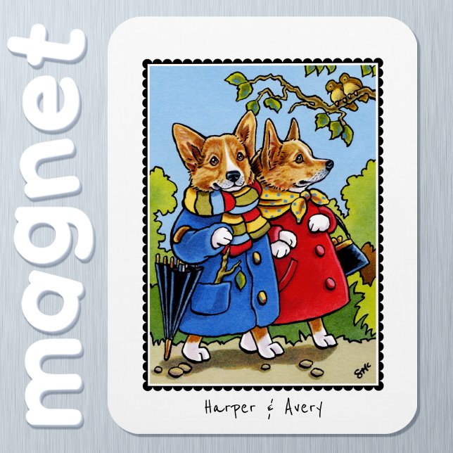 Ímã Nome Personalizado da Ilustração de Cachorro Corgi (Criador carregado)