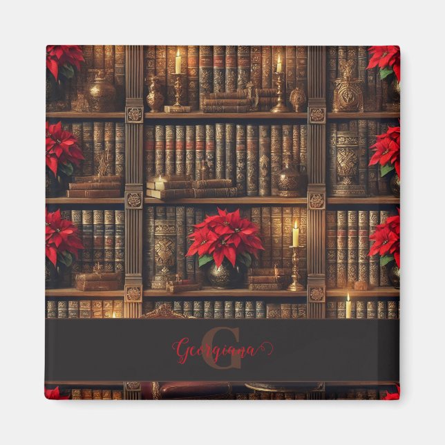 Imã Nome Personalizado Dark Academia Poinsettia Booksh (Frente)