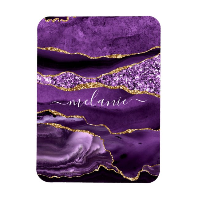 Ímã Nome Personalizado de Geodo Glitter Dourado Violet (Vertical)