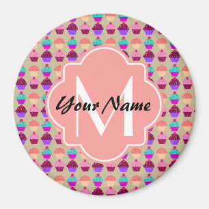 Imã Nome Personalizado do Cupcake Coral, Monograma Per