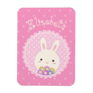 Ímã Nome Personalizado do Kawaii Bunny e Flores Rosa