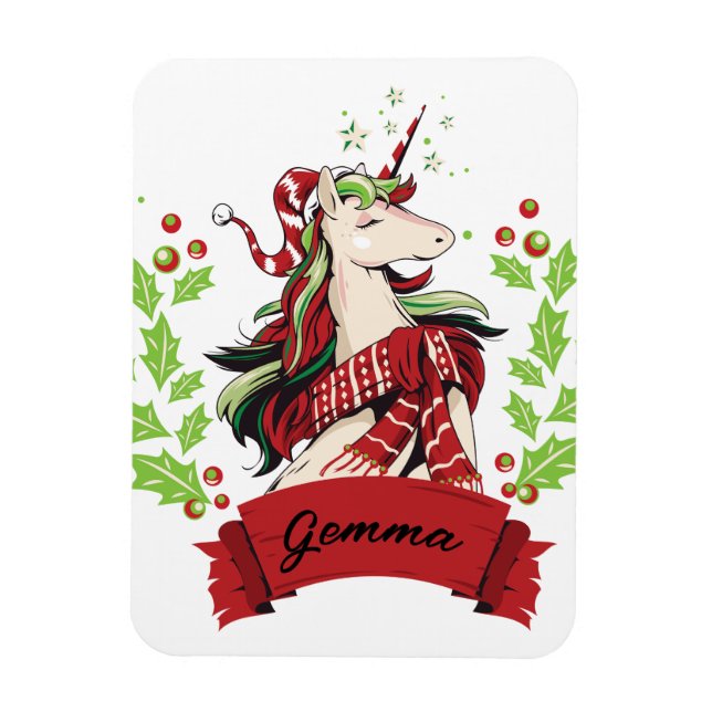 Ímã Nome Personalizado do Unicorn de Natal Bonito (Vertical)