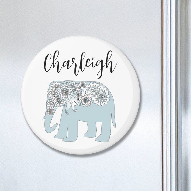 Imã Nome Personalizado Elephant Blue Paisley (Criador carregado)