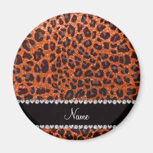 Imã Nome personalizado glitter laranja impressão leopa