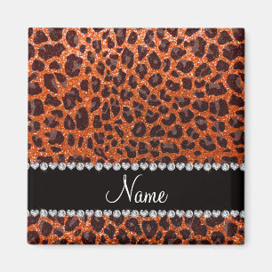 Imã Nome personalizado glitter laranja impressão leopa