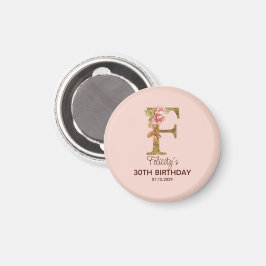 Imã Nome Personalizado Letra F Rosas Rosa Beijo Dourad