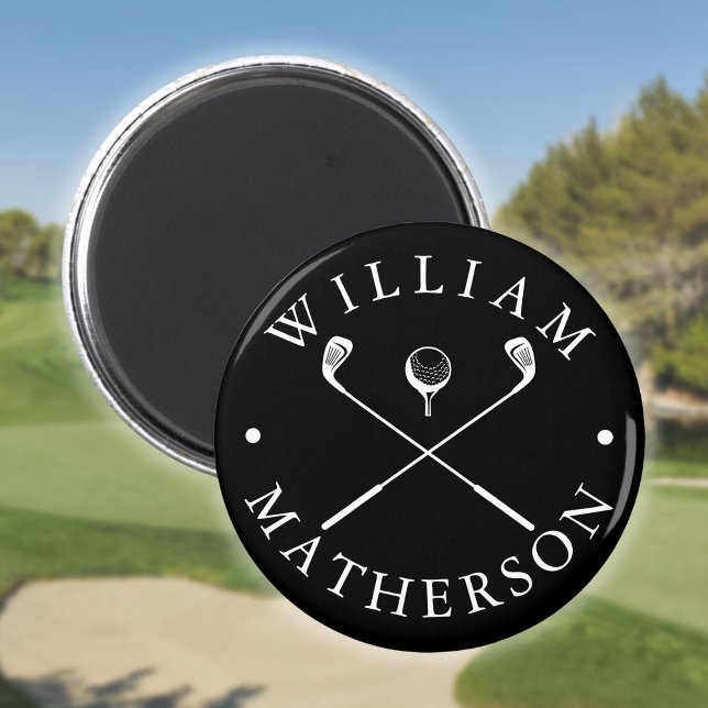 Imã Nome Personalizado Pilhas de Golfe Pretas e Branca (Custom Name Golf Clubs Black And White Magnet)