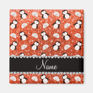 Imã Nome personalizado pinguins glitter laranja igloos
