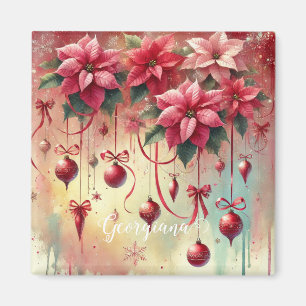 Imã Nome Personalizado Poinsettia Whimsical Baubles de