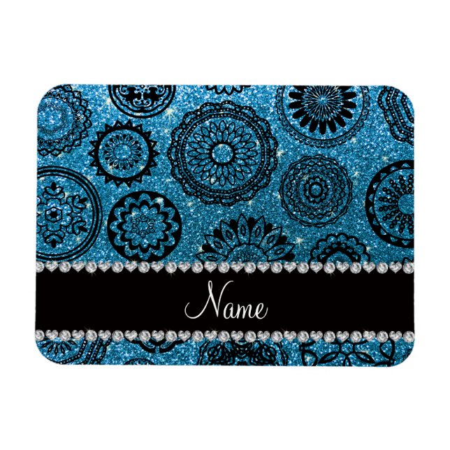 Ímã Nome personalizado sky blue glitter mandalas (Horizontal)