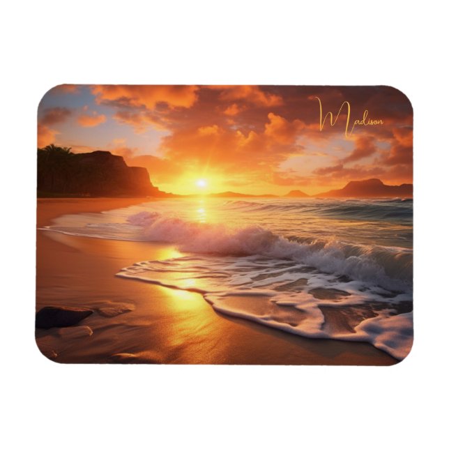 Ímã Nome personalizado Sunset de praia tropical (Horizontal)