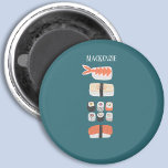 Imã Nome Personalizado Sushi<br><div class="desc">Sushi japonês,  nigiri e maki roll comida art. Personalize mudando ou removendo o nome.</div>