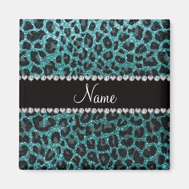Imã Nome personalizado turquoise gliter leopardo (Frente)