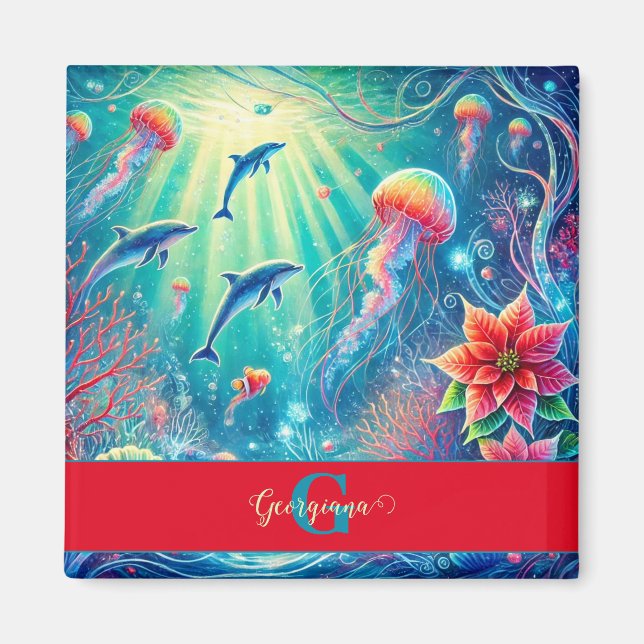 Imã Nome Personalizado Whimsical Floral Coral Reef Poi (Frente)