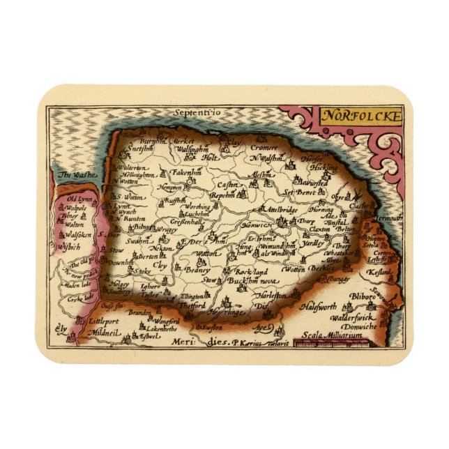 Ímã Norfolk "Norfolcke" County England Antigo Mapa do  (Horizontal)