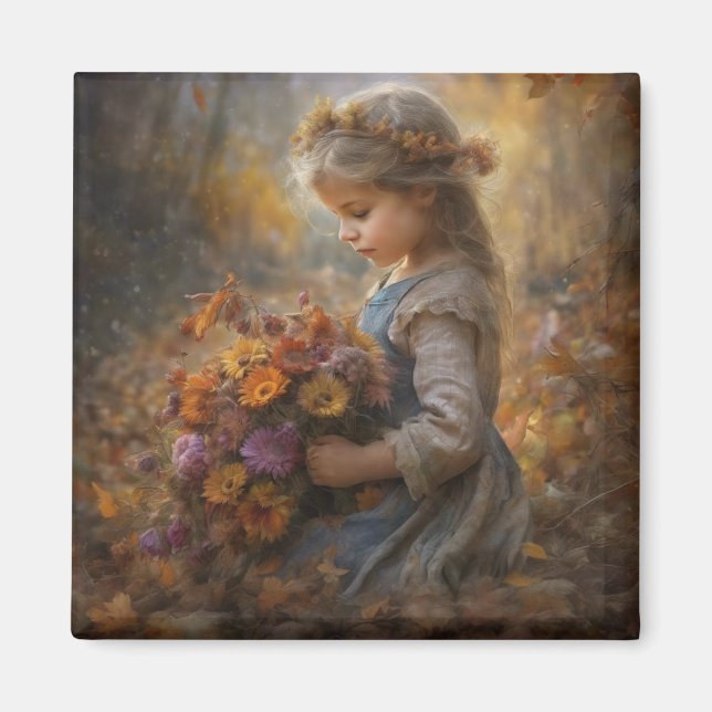 Imã Nostalgic Autumn Child with Wildflower Bouquet (Frente)