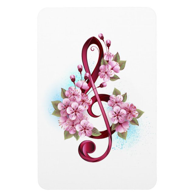 Ímã Notas de clave de trecho musical com flores de Sak (Vertical)