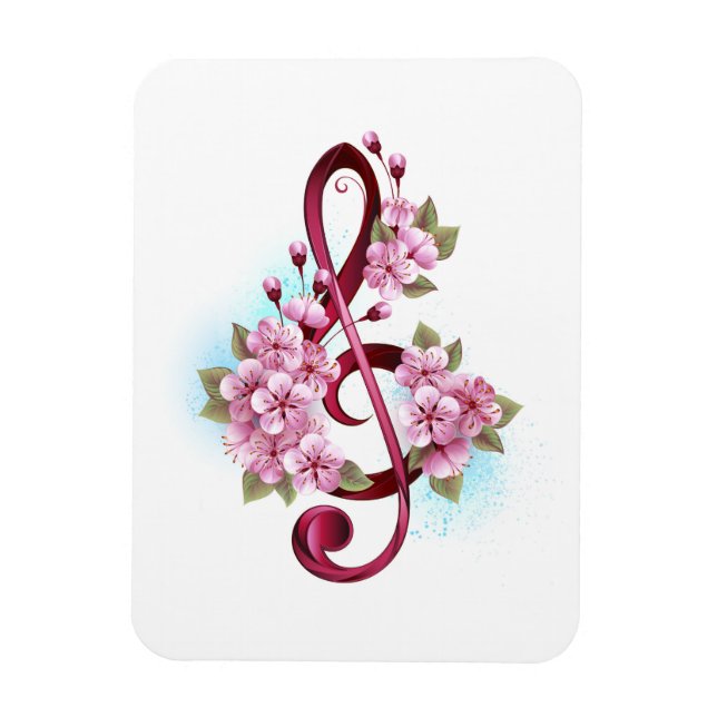 Ímã Notas de clave de trecho musical com flores de Sak (Vertical)