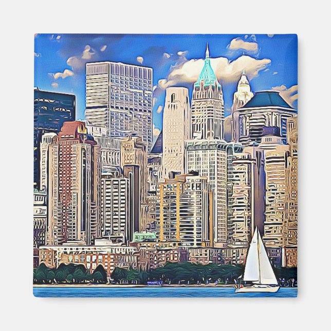 Imã Nova Iorque Manhattan Skyline Sailboat Magnet (Frente)