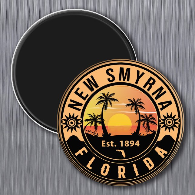 Imã Nova Smyrna Florida Retro Sunset Souvenirs (Criador carregado)