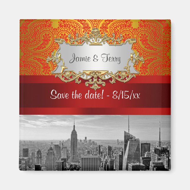 Imã NY City Skyline BW 112 Red Dourado Paisley Data de (Frente)