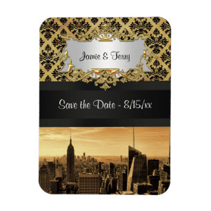 Ímã NYC Skyline Sepia B5 Blk Rib Damask Save Date (Bar