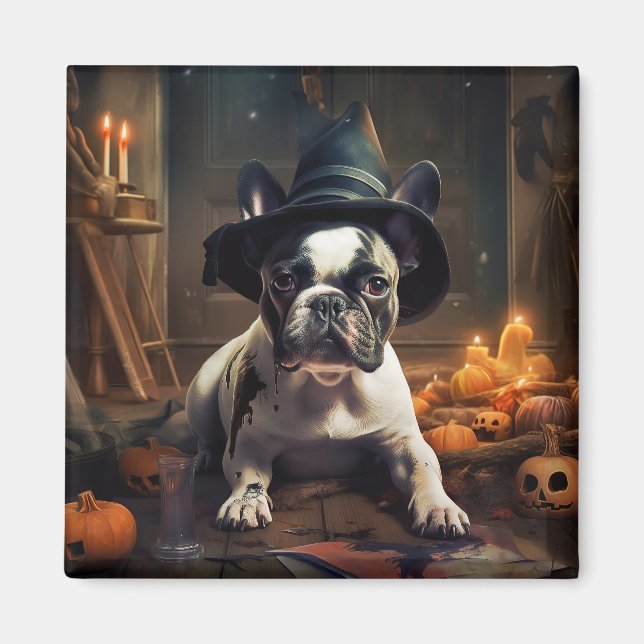Imã O Bulldog Francês Pumpkins Halloween Assustado (Frente)