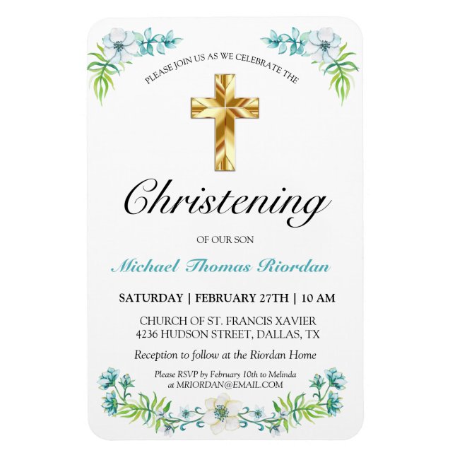 Ímã O Natal Azul do Elegante Dourado Cross Boy (Vertical)