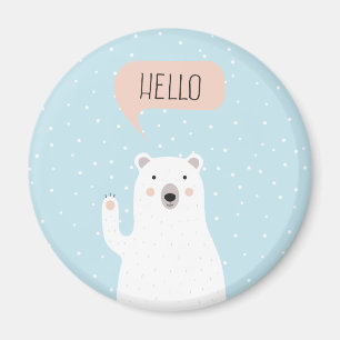 Imã O urso polar bonito na neve diz olá!