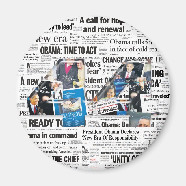 Imã Obama 44 Newspaper Magnet com título de fundo (Frente)