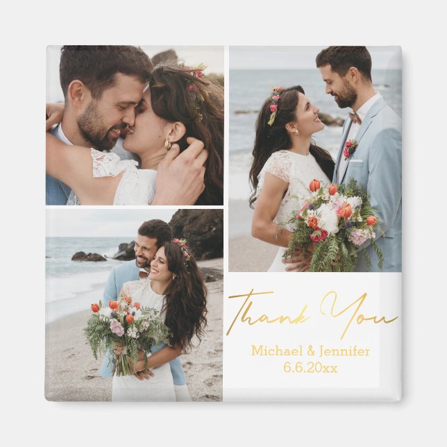 Imã obrigado, caligrafia dourada, casamento 3 fotos (Frente)