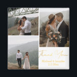 Imã obrigado, casamento com letra dourada 3 fotos<br><div class="desc">elegante ímã de agradecimento de casamento com caligrafia dourada. colagem de três fotos Obrigado.</div>