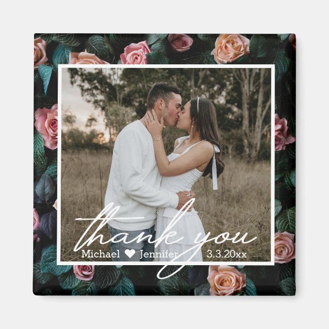 Imã obrigado foto de casamento branco caligrafia chic (Frente)
