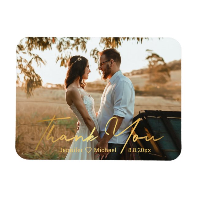 Ímã obrigado,foto de casamento com escrita chic dourad (Horizontal)