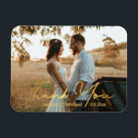 Ímã obrigado você, foto de casamento de manuscrito de<br><div class="desc">obrigado você,  moderno chic gold,  escrita manual,  mago de casamento,  personalizado</div>
