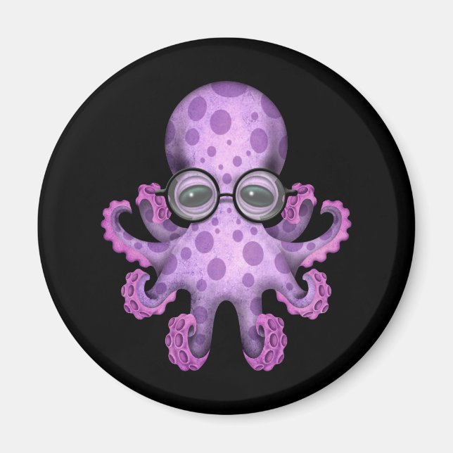 Imã Octopus de bebê roxo, bonito, Vestindo óculos em p (Frente)