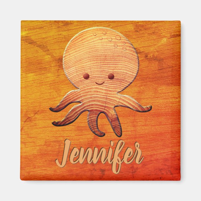 Imã Octopus De Cartoon Bonito Com Impressão De Madeira (Frente)