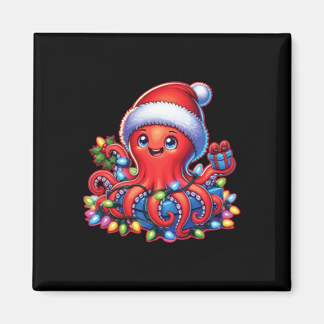 Imã Octopus De Natal Com Santa Hat E Luz De Férias (Frente)