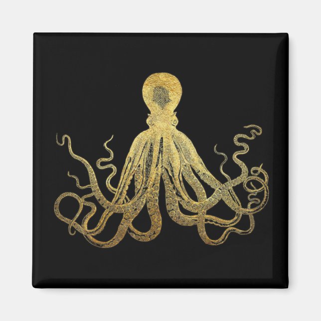 Imã Octopus Dourado de Tinta Preta  Costeira Náutica (Frente)