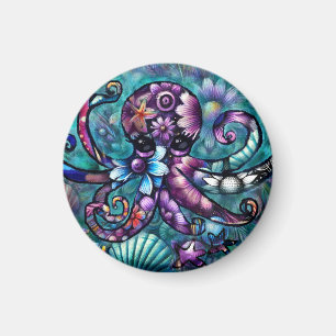Imã Octopus Floral Teal Roxo Azul Costeira