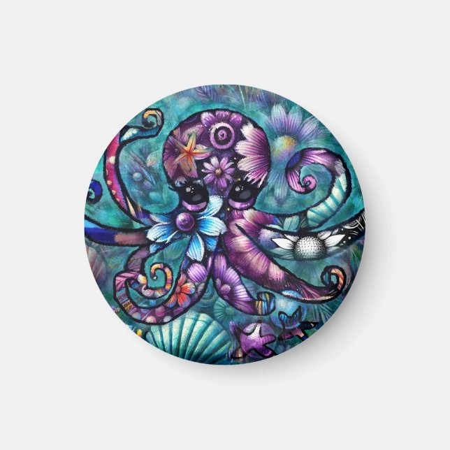 Imã Octopus Floral Teal Roxo Azul Costeira (Frente)