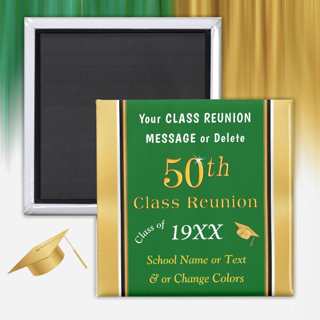 Imã Ofertas de Reunião de 50ª Classe Verde, Dourada, B (Green, Gold, White, 50th Class Reunion Party Favors. Personalized, 50 year class reunion souvenirs.)