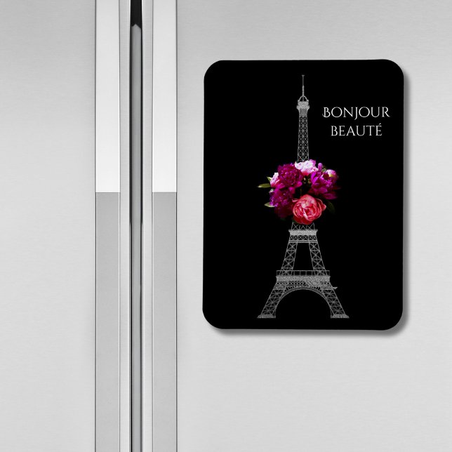 Ímã Olá Belas Peônias Dramáticas Com Torre Eiffel (Criador carregado)